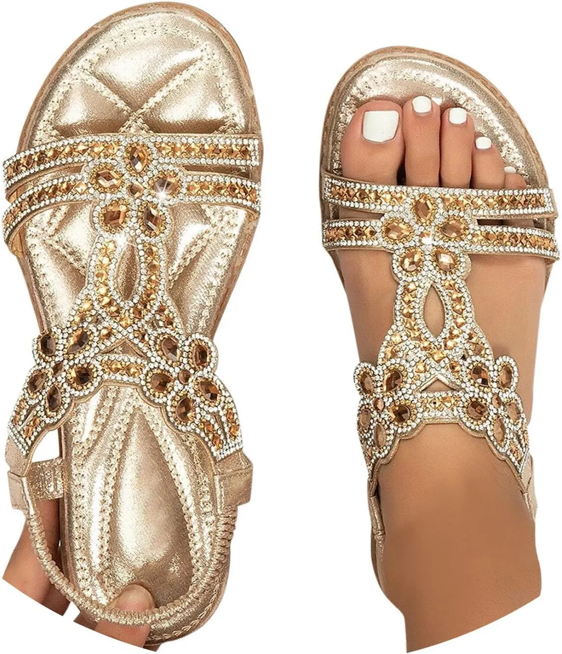Beach Sandals for Woman 2025 Dressy Summer Flat Casual Rhinestone Beaded Sparkly Bling Bohemian Lace Flower Sandal Comfortable Elastic Ankle Strap Beach Shoes