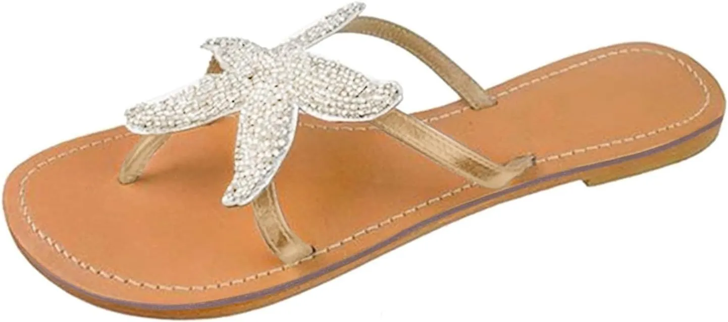 Beach Sandals for Woman Orthopedic Clip Toe Flat Slippers Lightweight Anti Slip Casual Slippers Cute Starfish Shower Beach Pool Bathroom Flat Slides Shoes