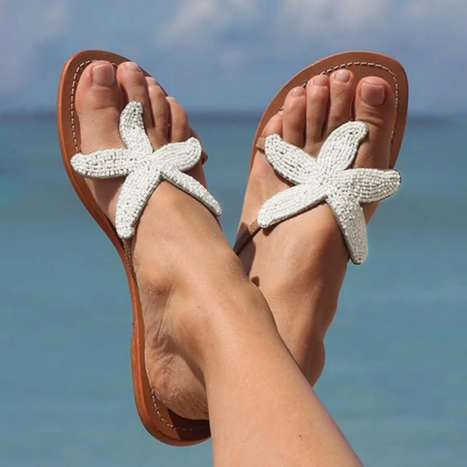 Beach Sandals for Woman Orthopedic Clip Toe Flat Slippers Lightweight Anti Slip Casual Slippers Cute Starfish Shower Beach Pool Bathroom Flat Slides Shoes