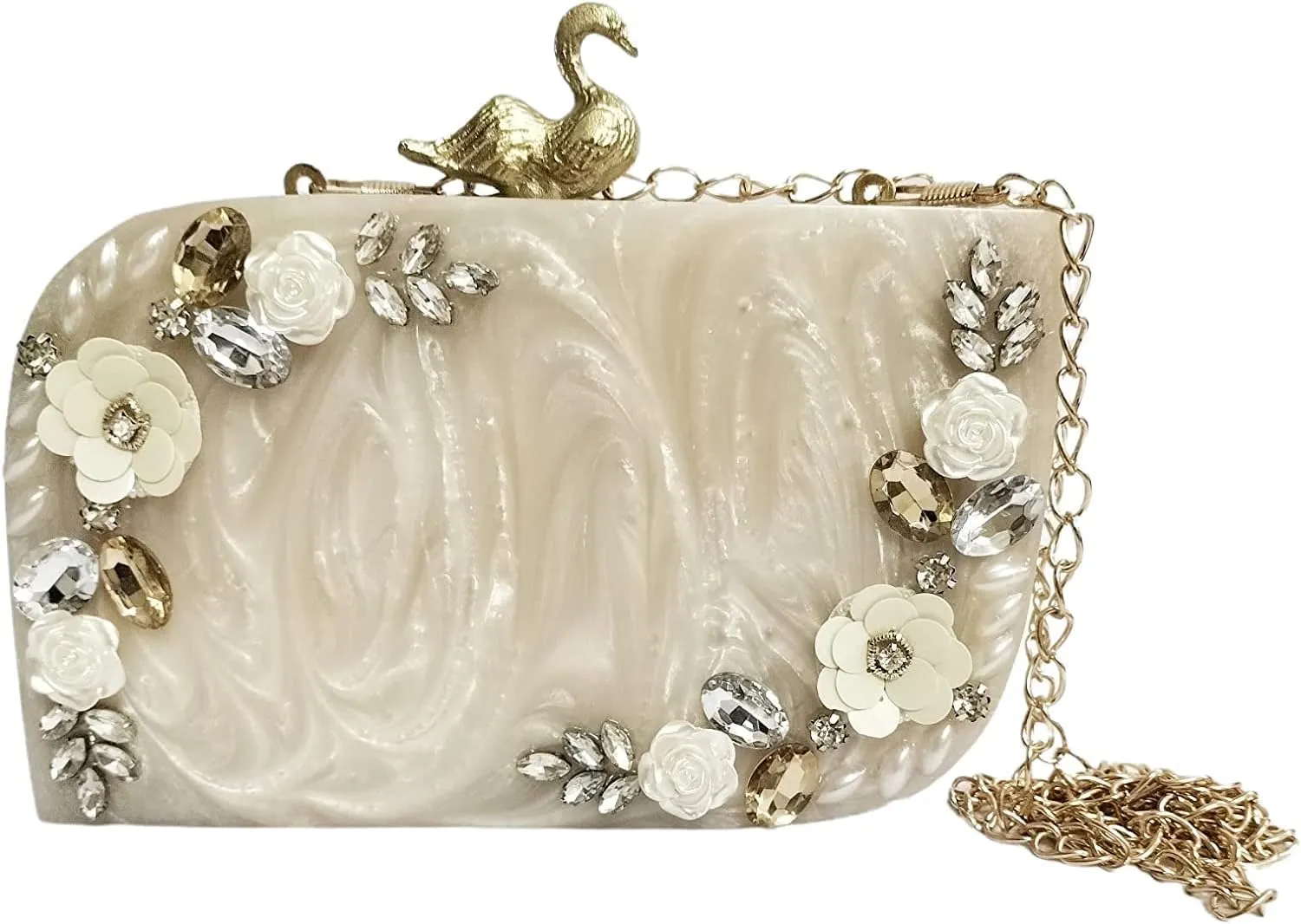 beige color mother of pearl MOP Purse Acrylic Clutch Evening Handbags Crossbody Bags for Women with floral design bridal bag with swan hook and embedded stone work