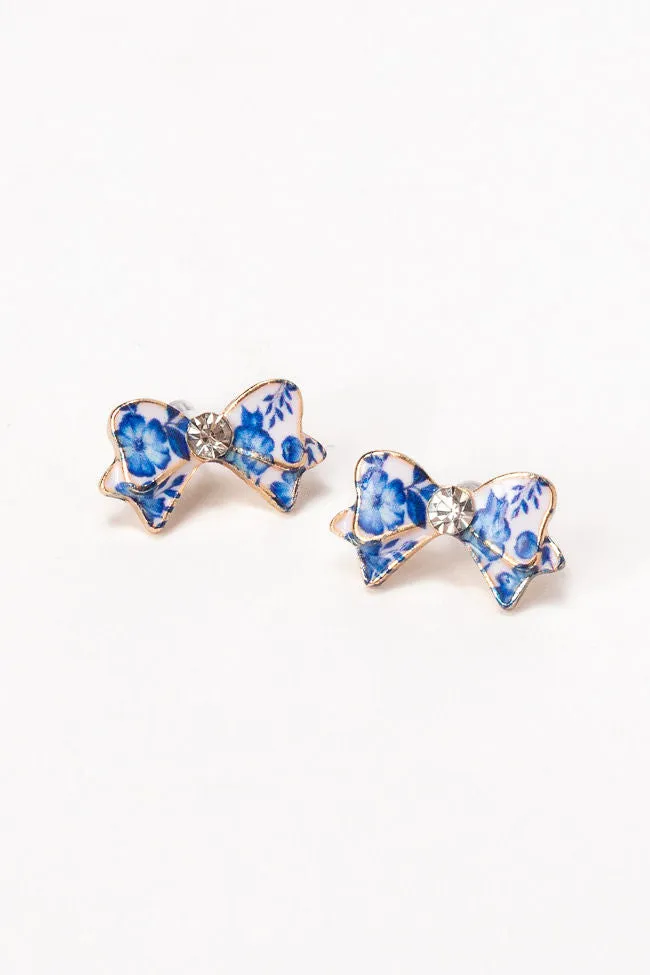 Blue Floral Printed Bow Earrings