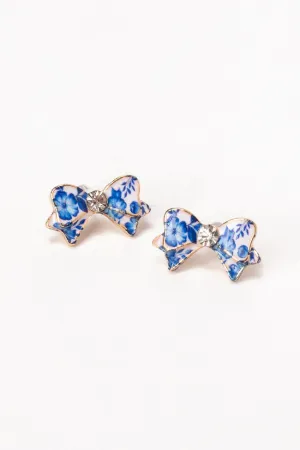 Blue Floral Printed Bow Earrings