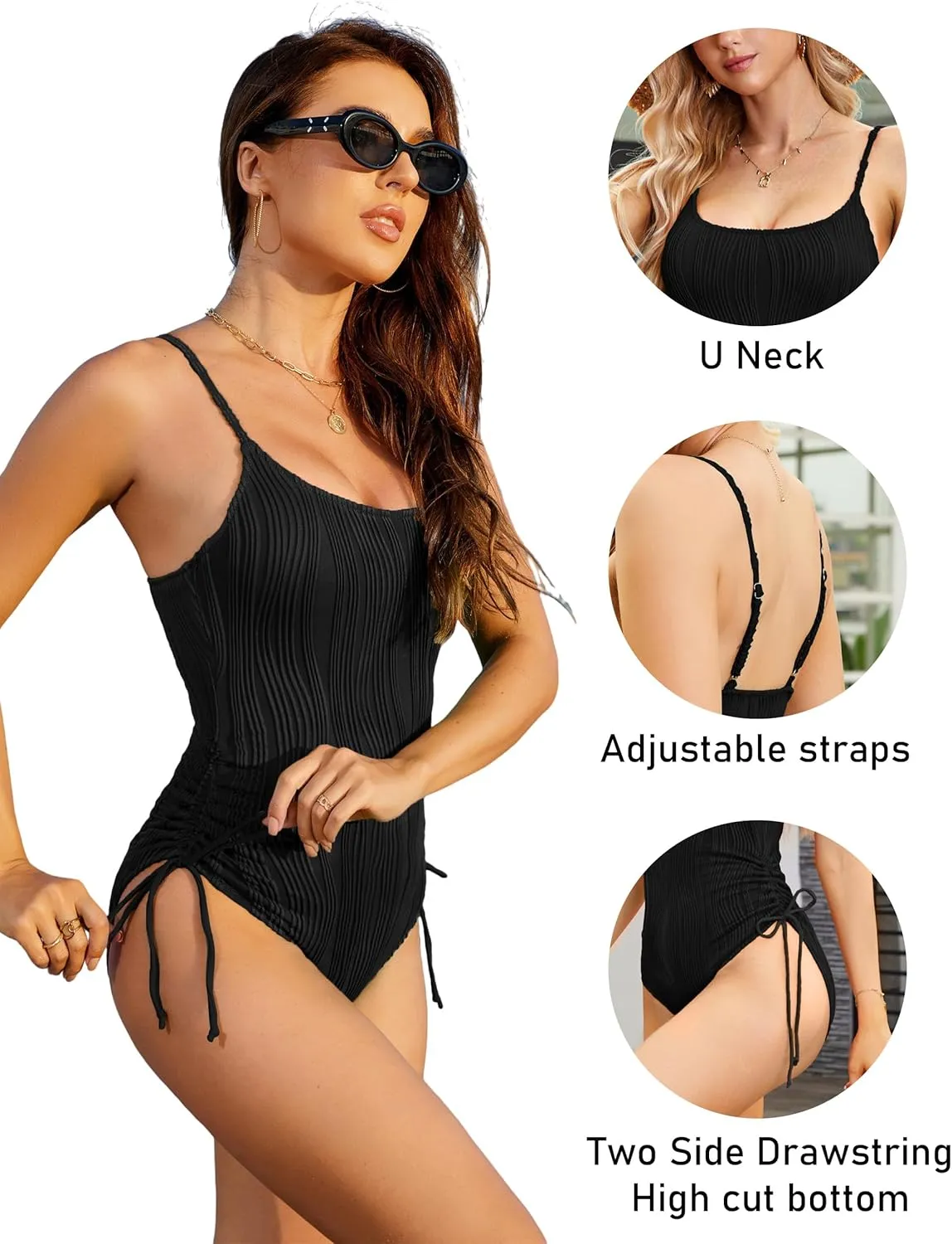 BMJL Women's One Piece Swimsuit Ruched Tummy Control Bathing Suit Drawstring High Cut Ribbed Swimsuits