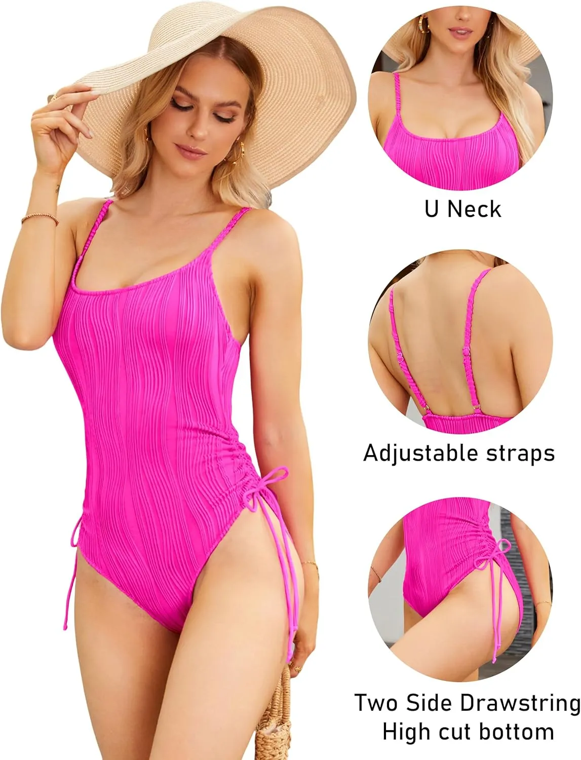 BMJL Women's One Piece Swimsuit Ruched Tummy Control Bathing Suit Drawstring High Cut Ribbed Swimsuits