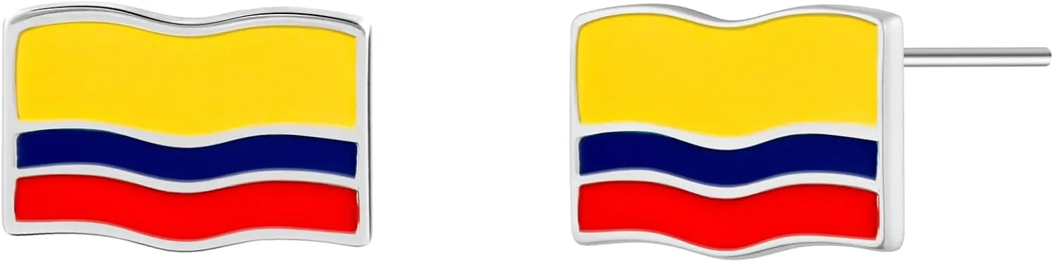 Bolenvi Colombia Flag Country Travel Stud Earrings - Genuine 925 Sterling Silver Back Posts with Enamel, Premium Gold Stud Earrings with Dazzling Diamond Encrusted, Dainty Studs for Women and Men