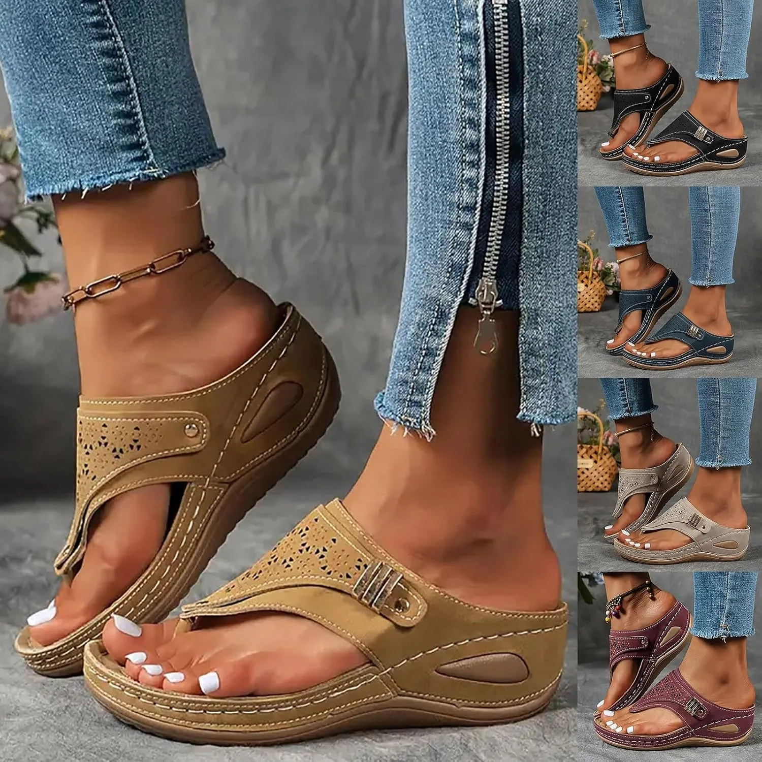 Breathable Mesh Sports Sandals for Women, Women Dressy Comfortable Orthopedic Sandals with Arch Support Slip On Thong Sandal Casual Hollow Out Slide Sandal Summer Shoes