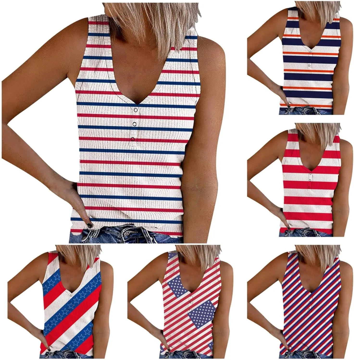 Camisole Women's V Neck Tank Tops Summer Sleeveless Ribbed Button Casual Henley Shirts Fashion Printing T Shirts