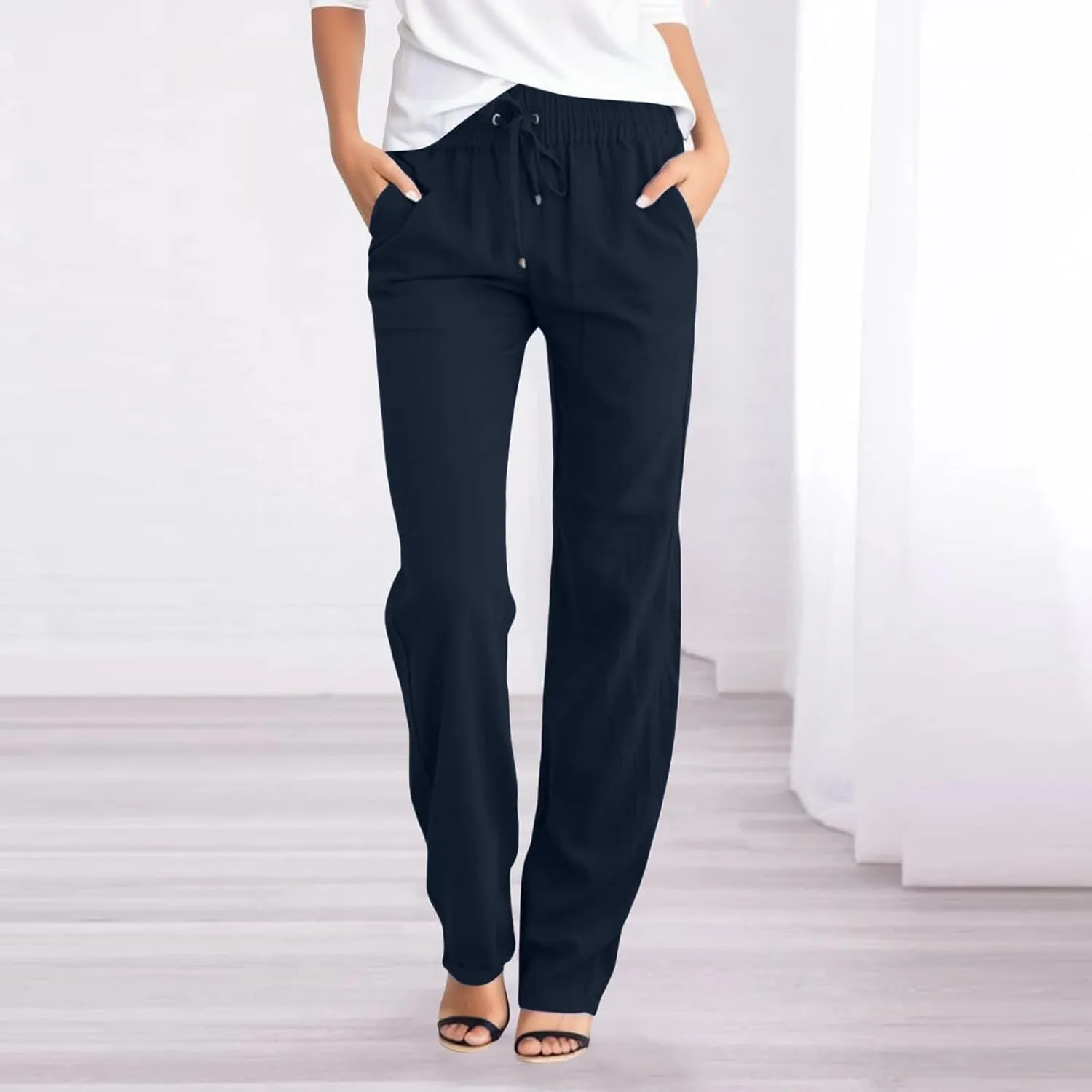 Casual Linen Pants Women High Waist Wide Leg Drawstring Loose Comfy Fit Summer Lounge Trousers with Side Pockets