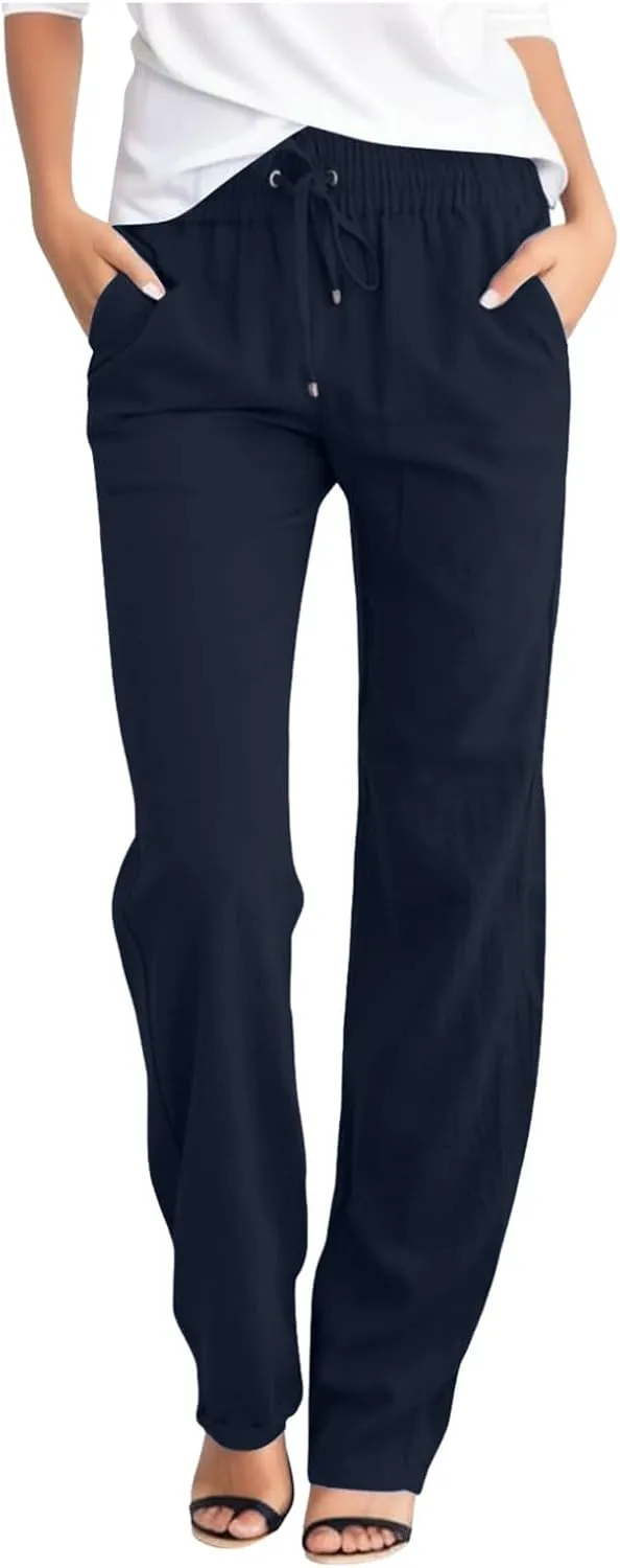 Casual Linen Pants Women High Waist Wide Leg Drawstring Loose Comfy Fit Summer Lounge Trousers with Side Pockets