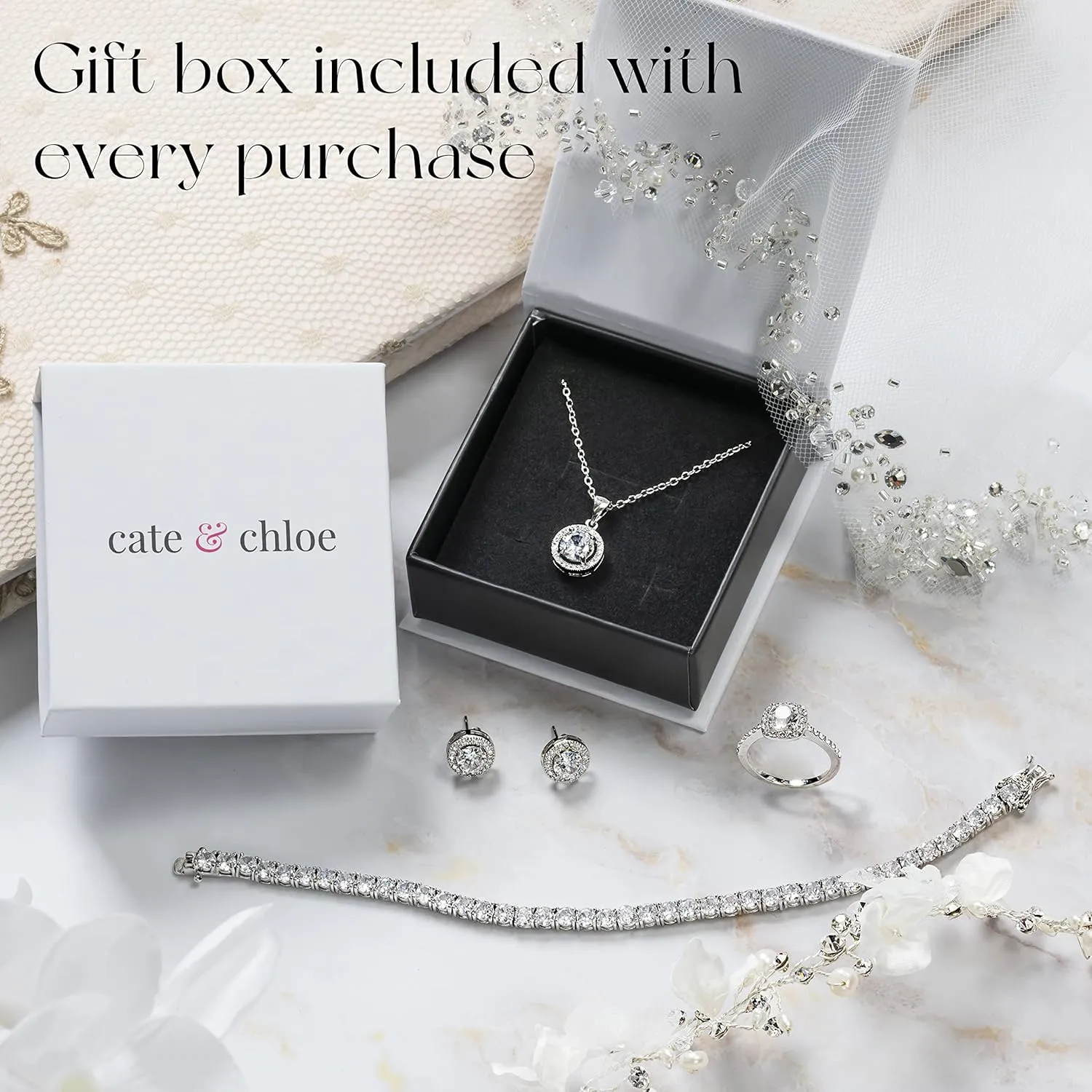 Cate & Chloe Nelly Valor White Gold Plated Pave Stone Necklace with Crystals, Modern Trendy Beautiful Round Cut Diamond Cluster Necklace, Wedding Fashion Statement Necklaces