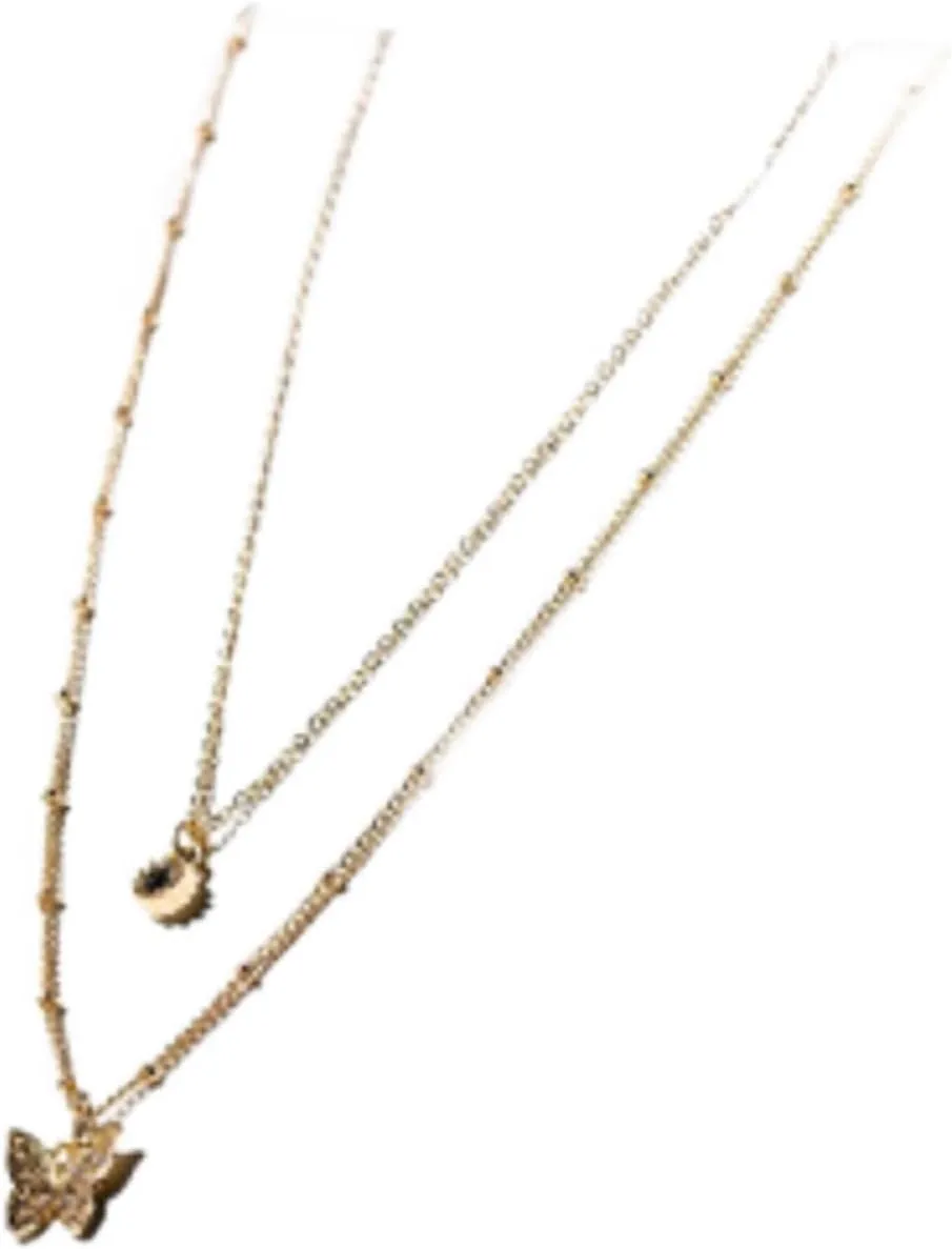 Charming Charlie 2-layered Gold Necklace With Moissanite And Butterfly Pendant- Women's Layered Necklaces, Perfect For Adding Elegance And Shimmer To Your Style.