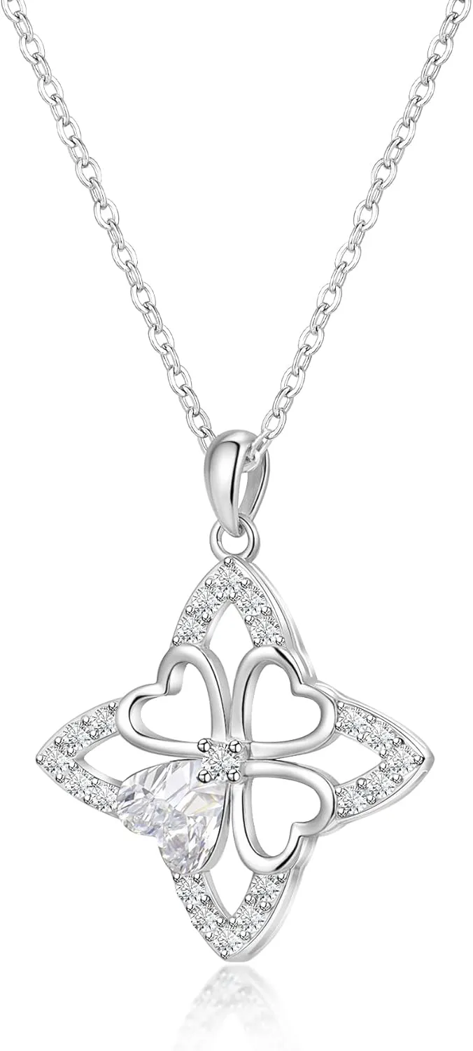 Clover Necklace for Women S925 Sterling Silver Clover Pendant with a Cubic Zircon Heart Lucky Adjustable Four Leaf Necklace for Her Gift for Daughter Wife Mother on Birthday Christmas or Anniversary