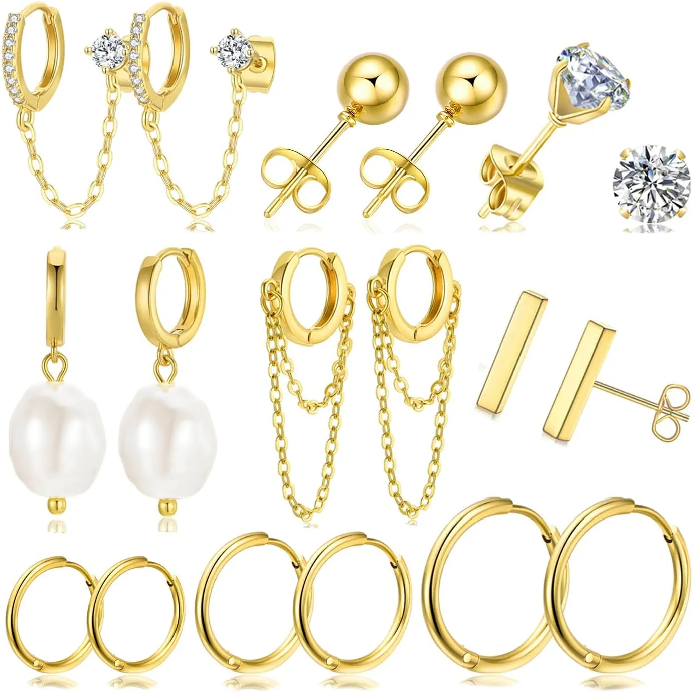 Cocadant Small Gold Hoop Chain Earrings for Women,14K Real Gold Plated Hypoallergenic Dangle Pearl CZ Stud Cartilage Huggie Earring Sets for Multiple Piercing