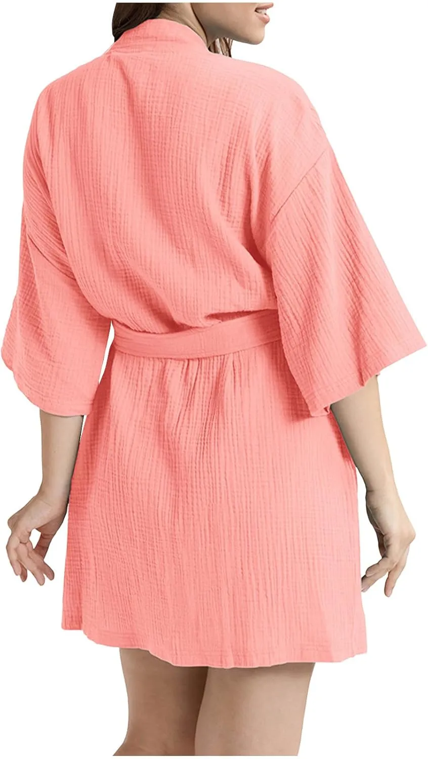 Cotton Bath Robe for Women Lightweight Textured Waffle Half Sleeve Robe with Belt Ladies Plain Loungewear Sleepwear