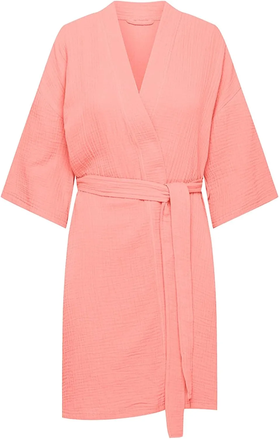 Cotton Bath Robe for Women Lightweight Textured Waffle Half Sleeve Robe with Belt Ladies Plain Loungewear Sleepwear