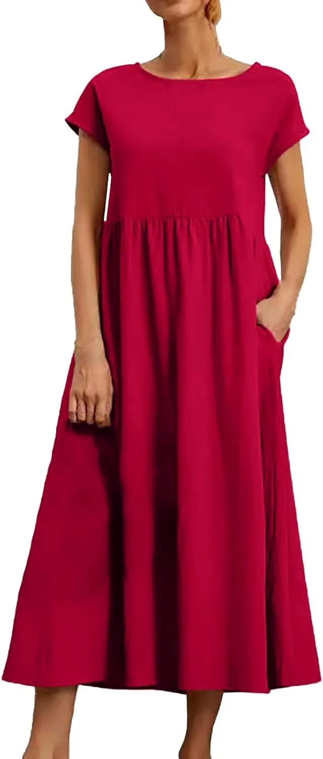 Cotton Dresses with Pockets for Women Casual Summer Midi Dress Solid Plus Size Short Sleeve Knee Length T Shirt Dress