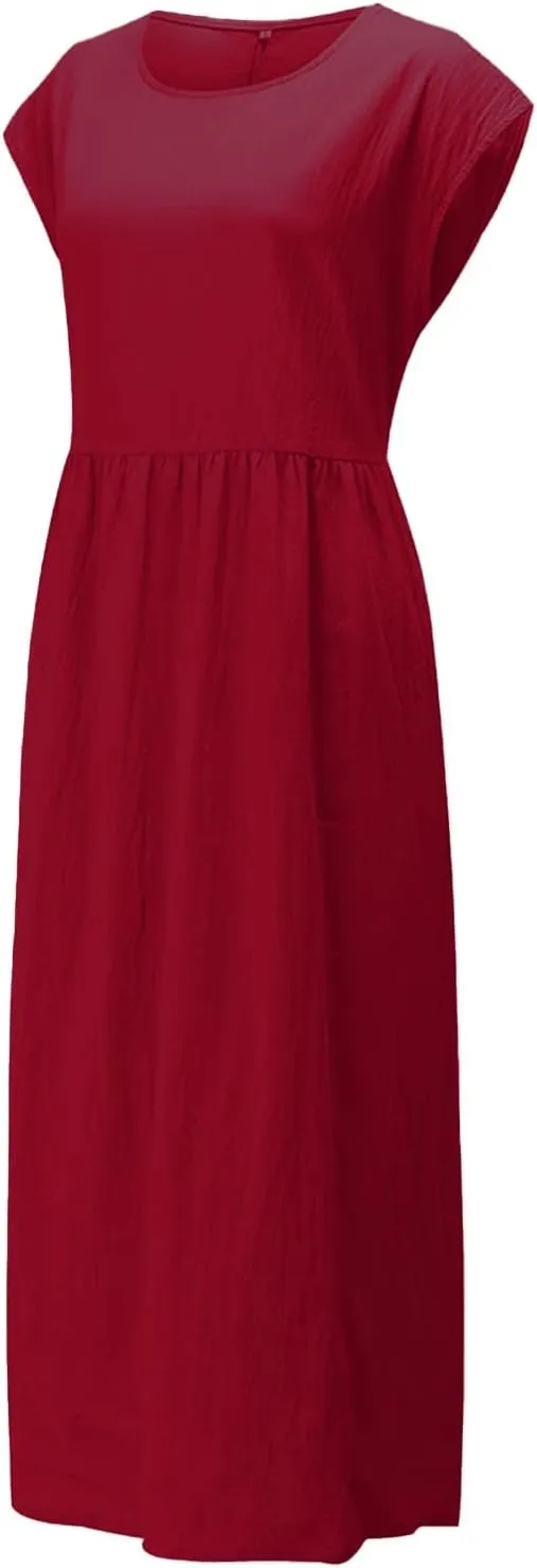 Cotton Dresses with Pockets for Women Casual Summer Midi Dress Solid Plus Size Short Sleeve Knee Length T Shirt Dress