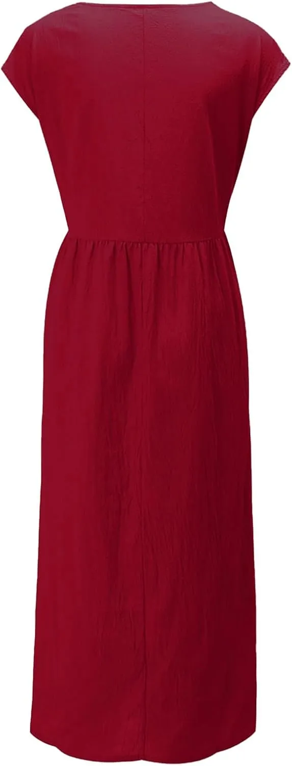 Cotton Dresses with Pockets for Women Casual Summer Midi Dress Solid Plus Size Short Sleeve Knee Length T Shirt Dress