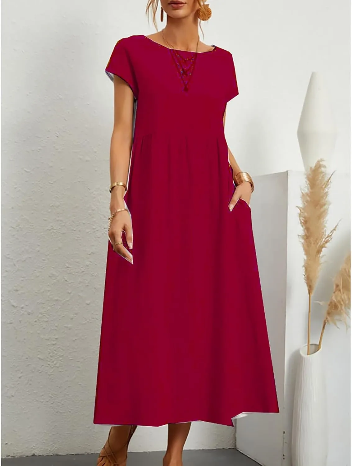 Cotton Dresses with Pockets for Women Casual Summer Midi Dress Solid Plus Size Short Sleeve Knee Length T Shirt Dress