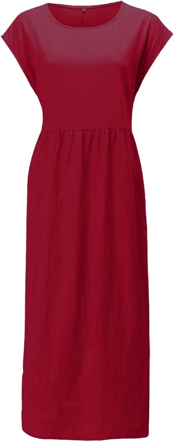 Cotton Dresses with Pockets for Women Casual Summer Midi Dress Solid Plus Size Short Sleeve Knee Length T Shirt Dress