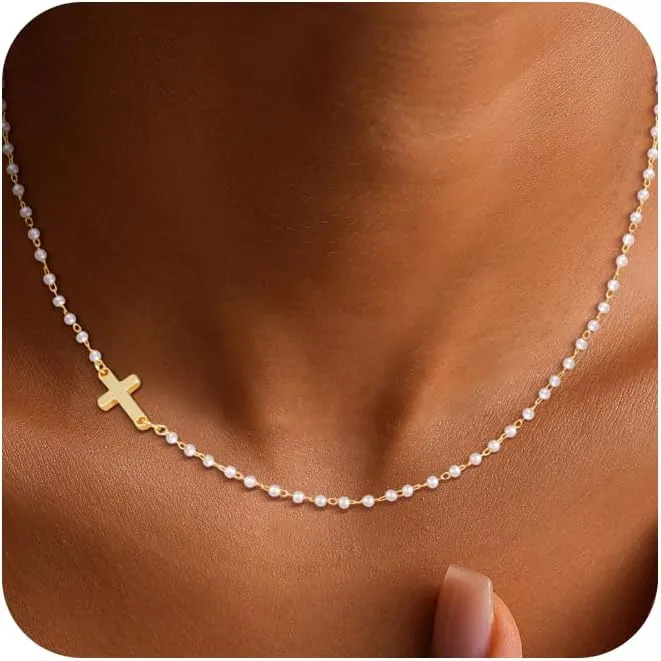 Cross Necklace for Women, 14K Gold Plated Cross Pendant Necklace Dainty Cross Charm Link Chain Choker Faith Jewelry Religious Gifts