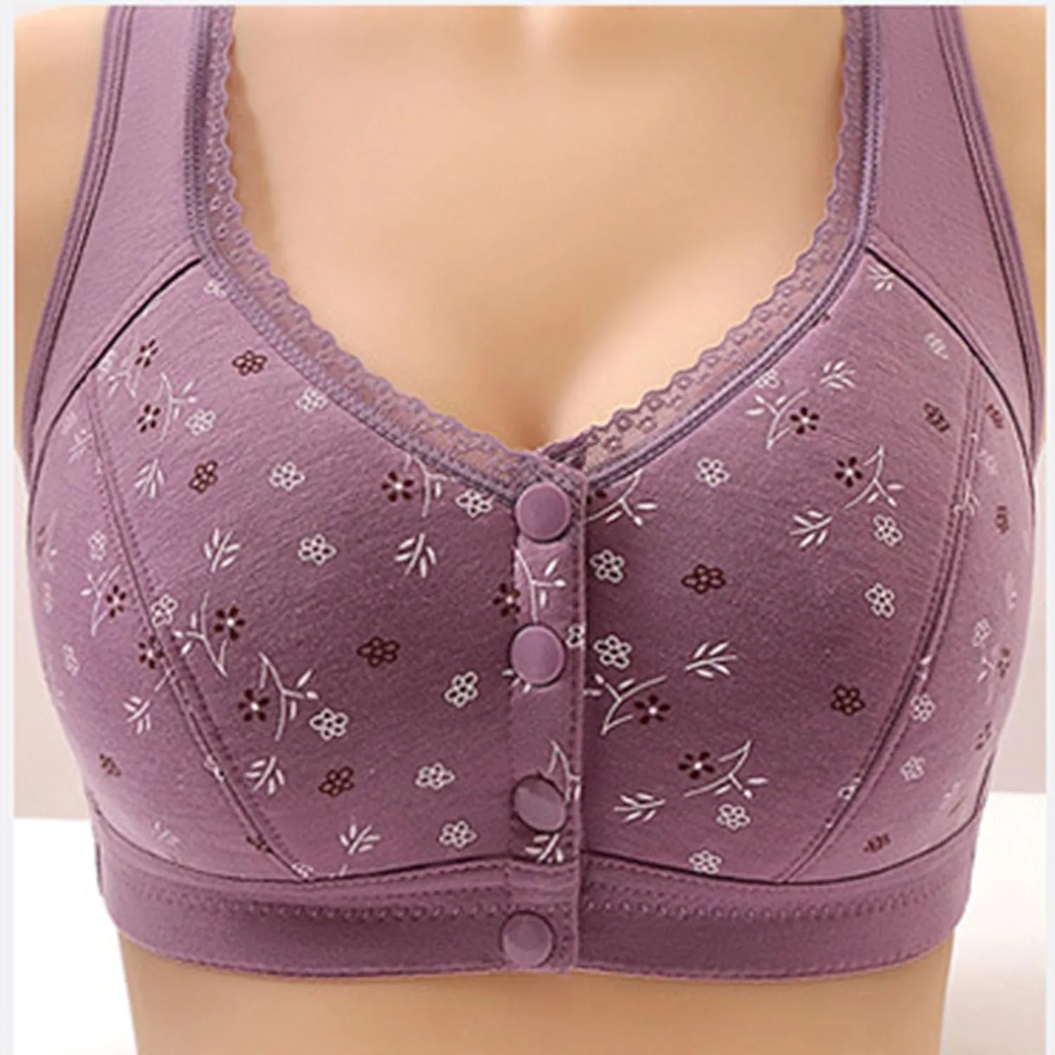 Daisy Bras for Older Women Front Closure Convenient Everyday Bras Mid Buttons Comfortable No Underwire Gathering Bras