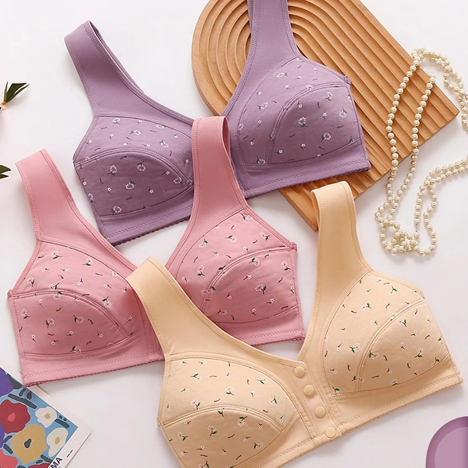Daisy Bras for Older Women Front Closure Convenient Everyday Bras Mid Buttons Comfortable No Underwire Gathering Bras