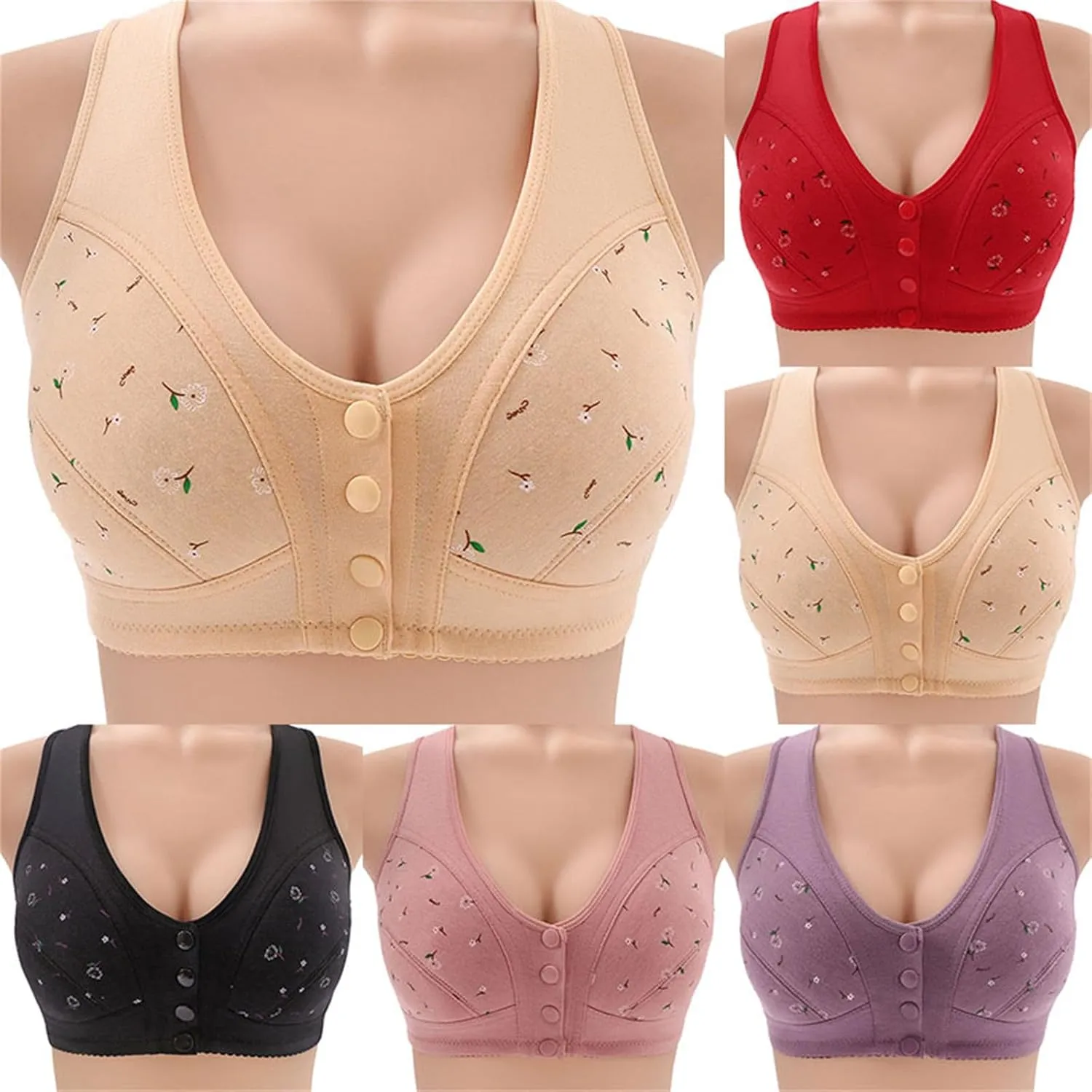 Daisy Bras for Older Women Front Closure Convenient Everyday Bras Mid Buttons Comfortable No Underwire Gathering Bras
