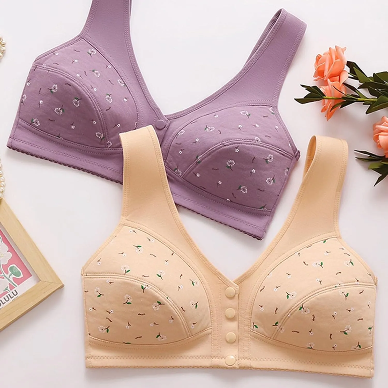 Daisy Bras for Older Women Front Closure Convenient Everyday Bras Mid Buttons Comfortable No Underwire Gathering Bras