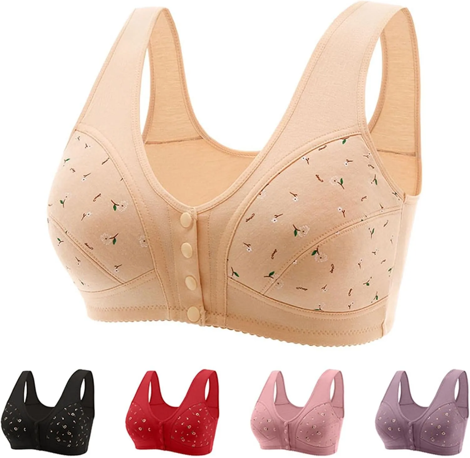Daisy Bras for Older Women Front Closure Convenient Everyday Bras Mid Buttons Comfortable No Underwire Gathering Bras