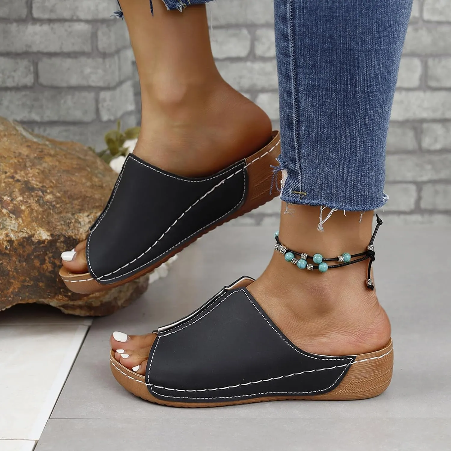 Damping Sole Upgradation Stretch Sandals for Women Orthopedic Arch Support Flat Slip on Platform Wedge Sandals