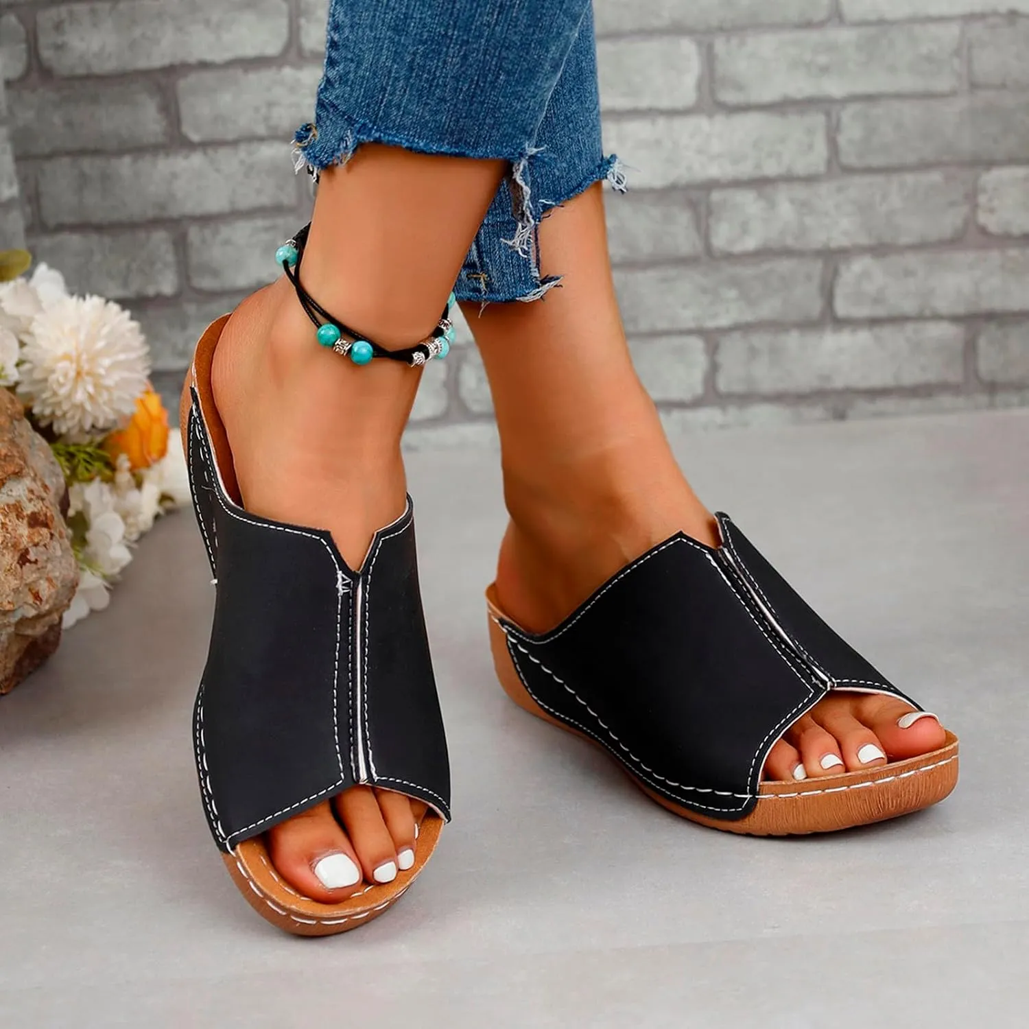 Damping Sole Upgradation Stretch Sandals for Women Orthopedic Arch Support Flat Slip on Platform Wedge Sandals