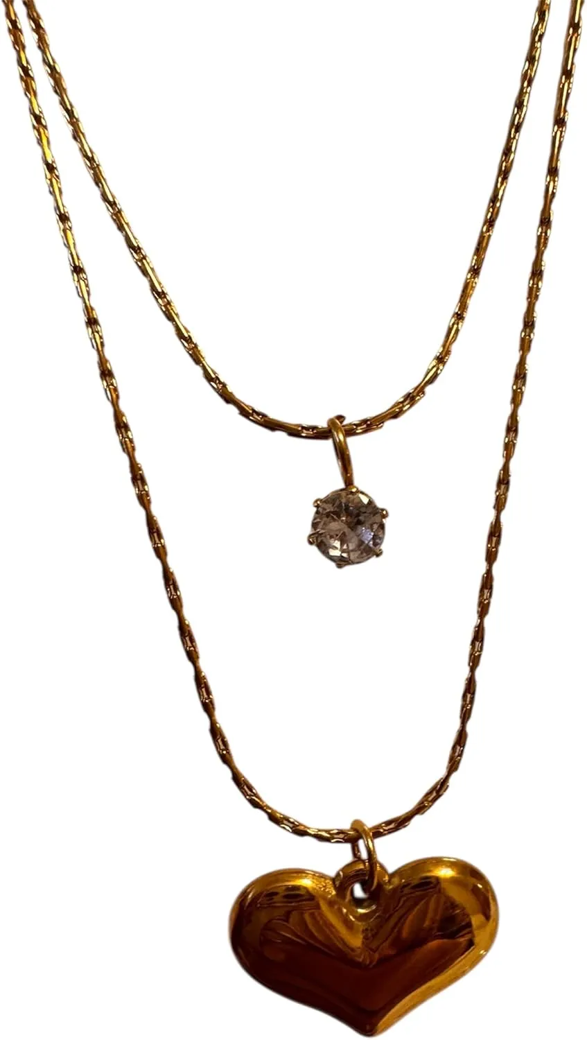 Double Layer Gold Chain Necklace with Crystal Pendant and Heart Charm, 18K Gold Plated