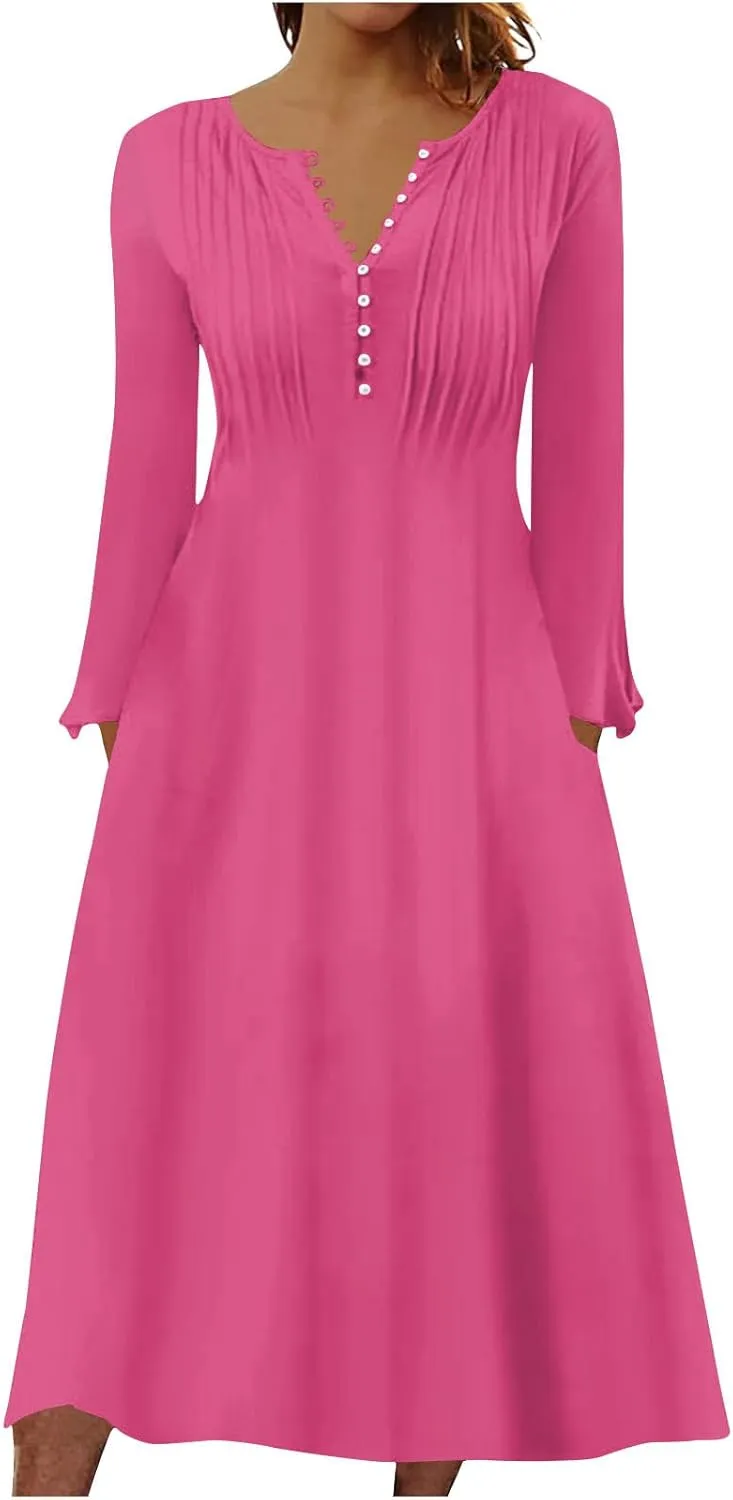 Dresses for Women Casual Trendy Plus Size Long Sleeve Midi Dress Sexy V Neck Button Down Summer Fall Flowy Dress
