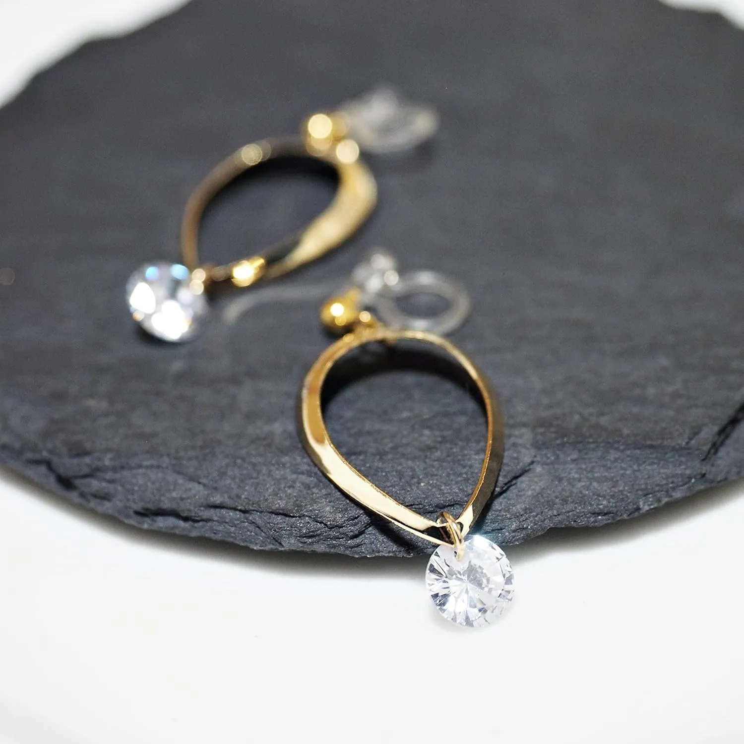 Drop Cubic Zirconia Invisible Clip On Earrings for Women Not Pierced Gold Teardrop Sqaure CZ Crystal Dangle Gold Silver Comfortable Clip On Earrings Miyabi Grace Bridal Wedding Prom