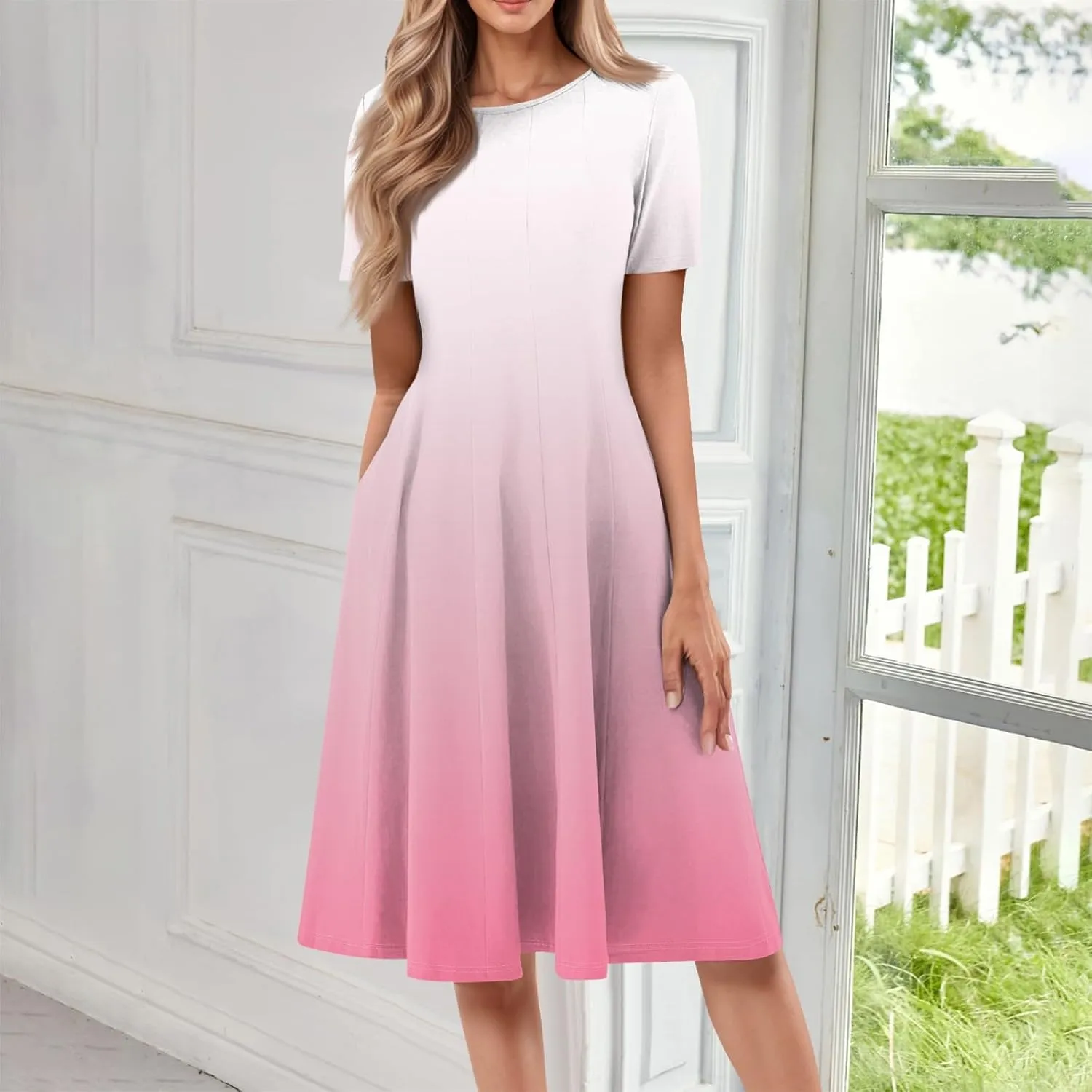 Easter Dress for Women Short Sleeve Casual Flowy Trendy Vacation Midi Dress Crewneck Beach Long Sundresses Summer