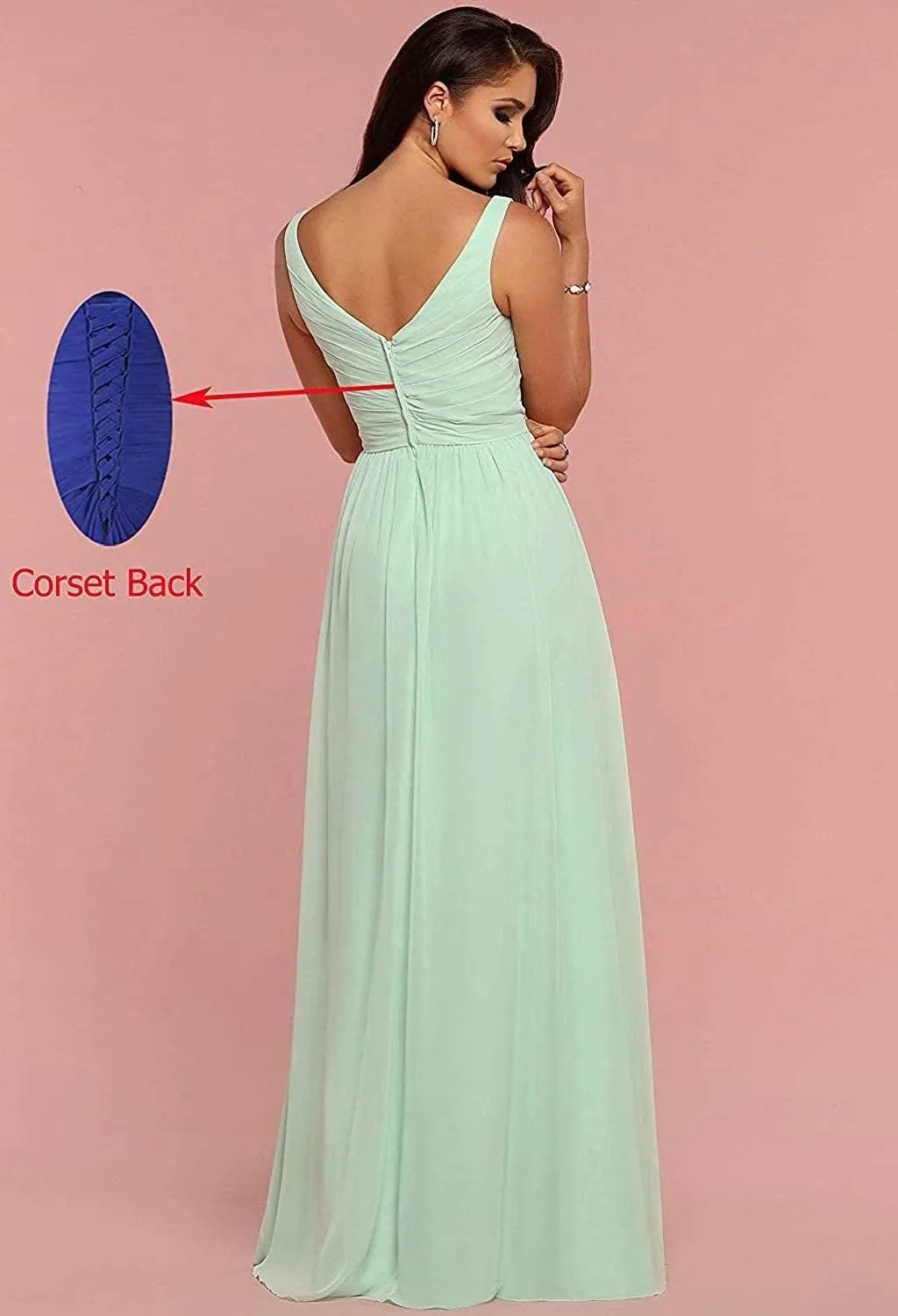 EEFZL Women's V Neck Slit Bridesmaid Dresses Long Chiffon Pleated Evening Prom Graduation Gowns for Juniors