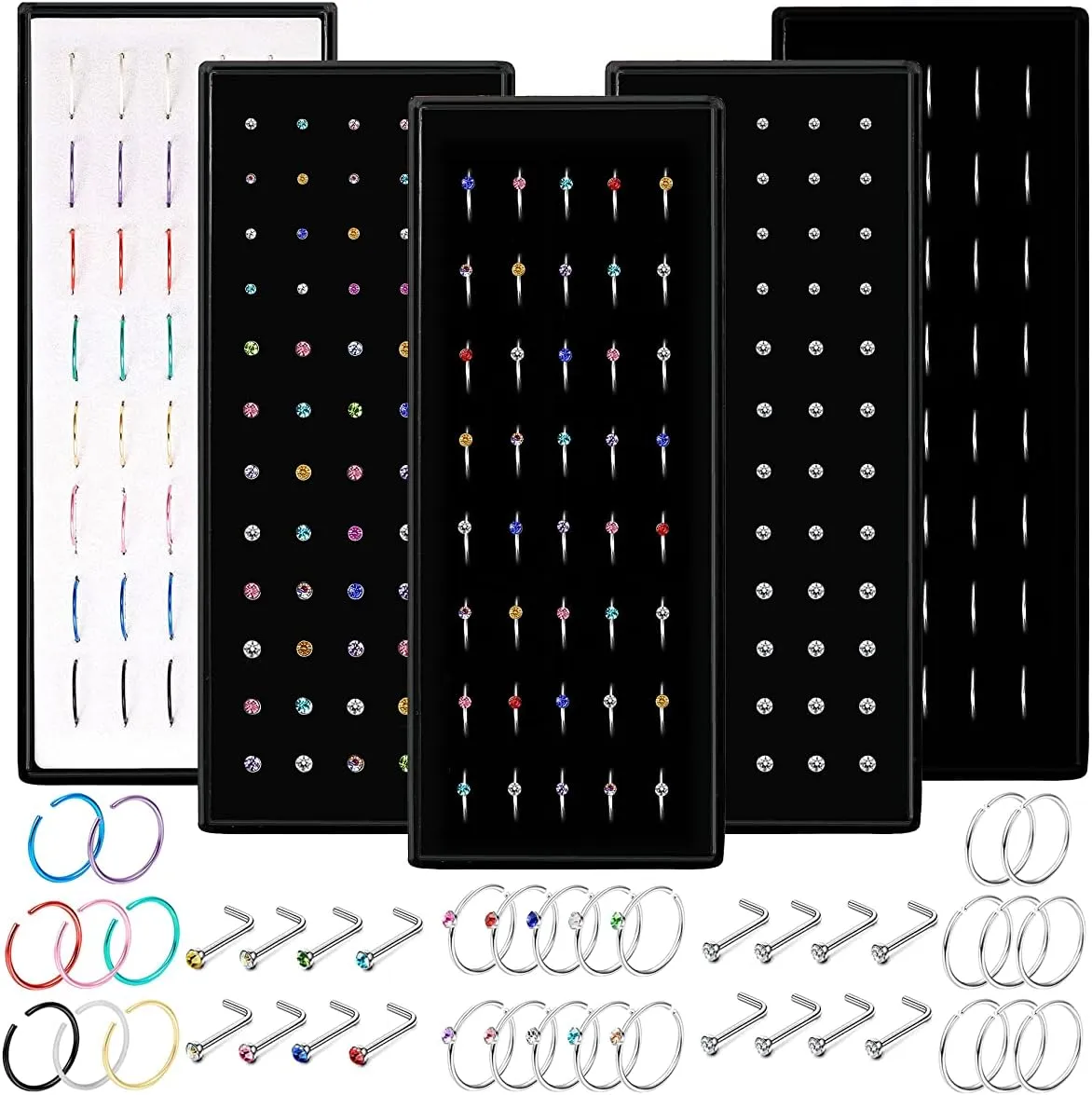 EIELO 240 Pcs Nose Ring Studs Set for Women Men Surgical Stainless Steel Nose Hoop CZ Bone Nose Studs Ring Nose Piercing Jewelry 20G 22G 1.5mm 2mm 2.5mm