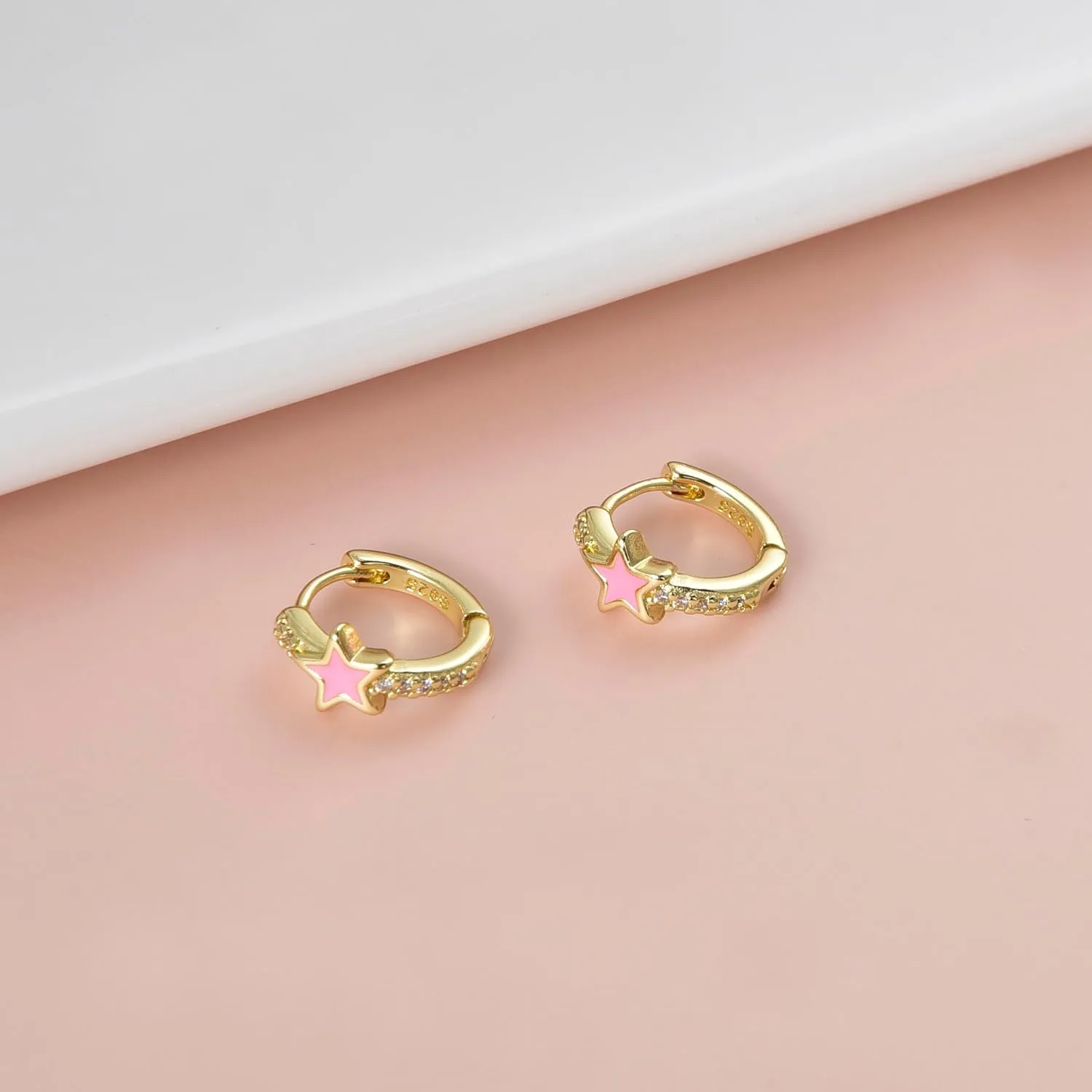 Enamel Star Huggie Hoop Earrings with Cubic Zirconia Silver Post Gold Small Hinged Hoops for Women