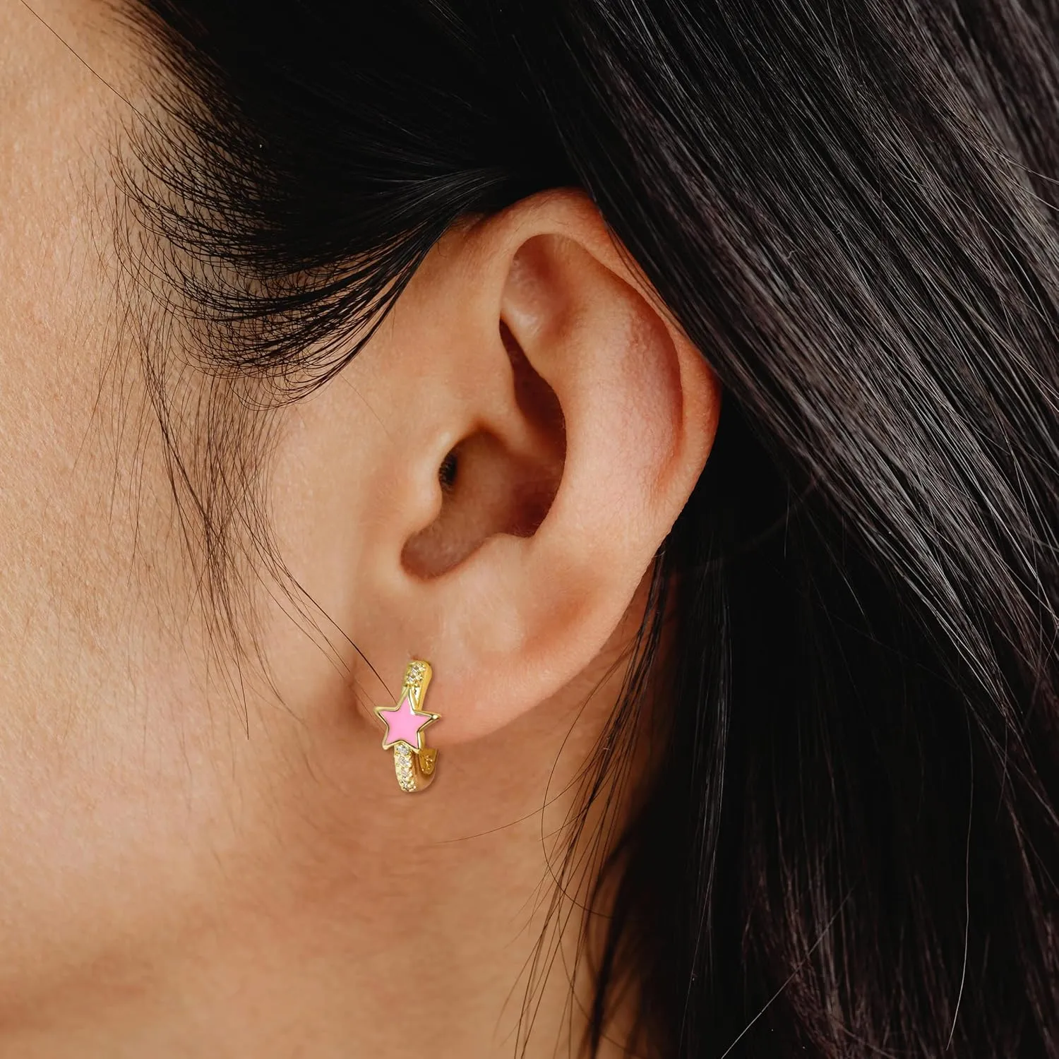 Enamel Star Huggie Hoop Earrings with Cubic Zirconia Silver Post Gold Small Hinged Hoops for Women