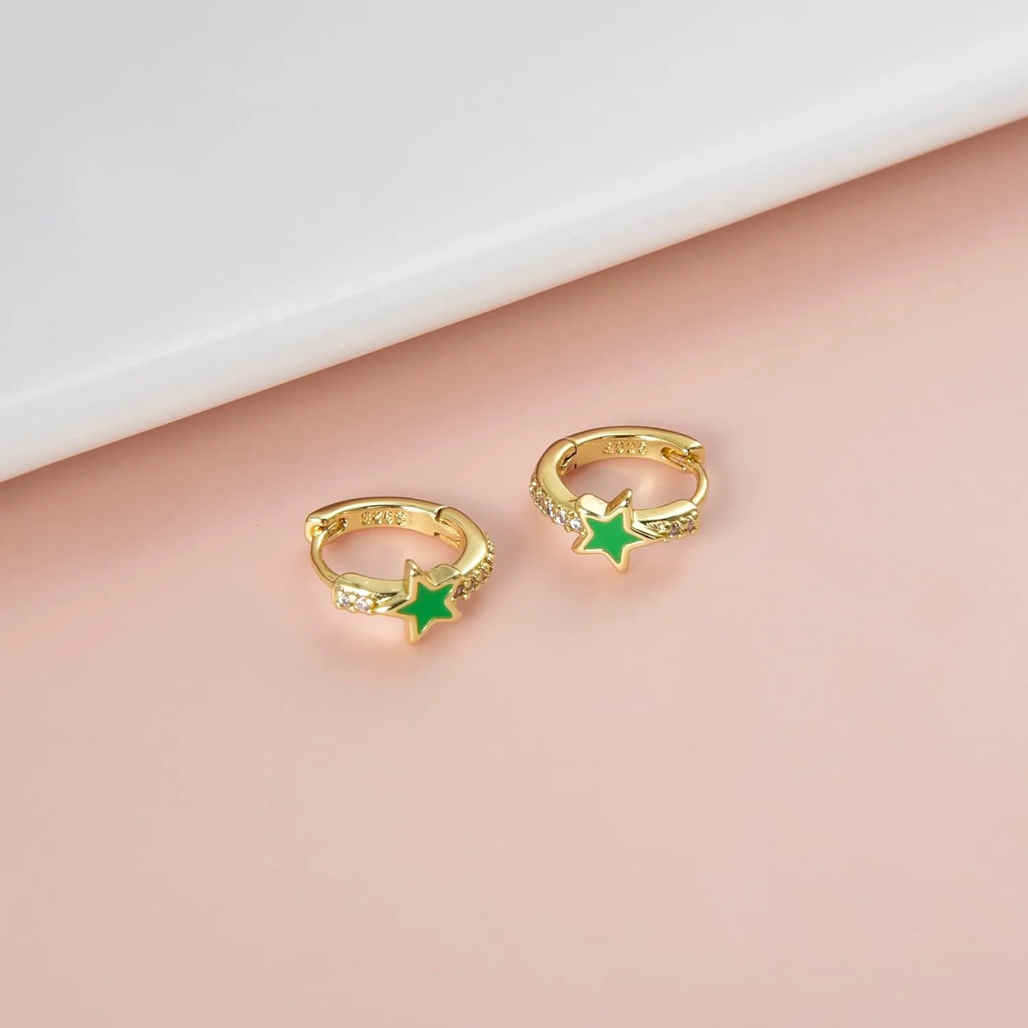 Enamel Star Huggie Hoop Earrings with Cubic Zirconia Silver Post Gold Small Hinged Hoops for Women