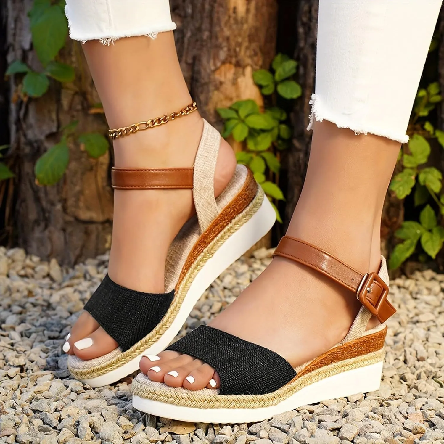 Espadrille Dressy Wedge Sandals Orthopedic Platform Espadrille Slip On Sandals Comfortable Fashion Braided Heels Shoes with Adjustable Ankle Strap Metal Buckle