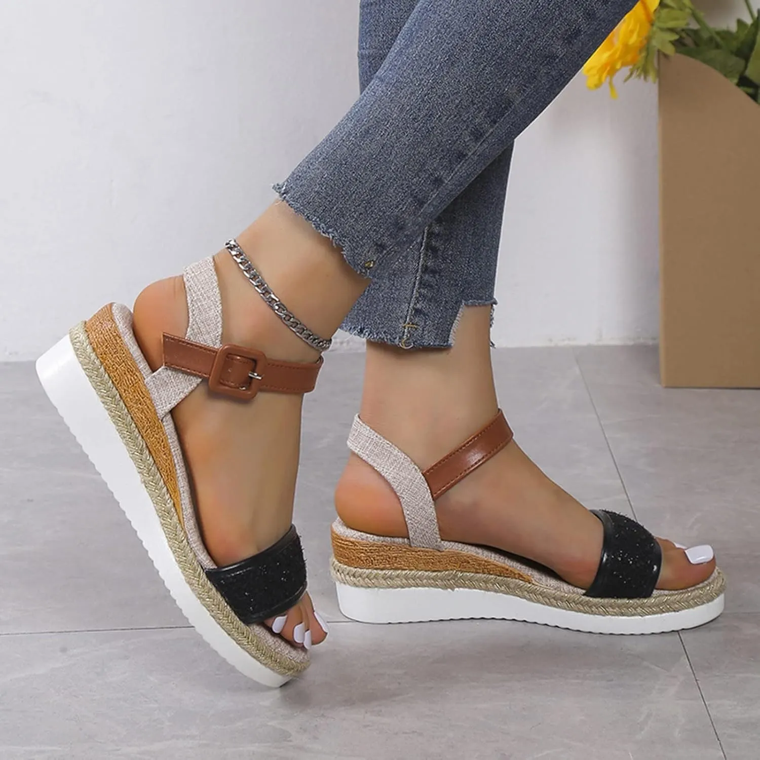 Espadrille Platform Sandals for Women Ankle Strap Arch Support Open Toe Orthopedic Wedge Sandals Slip on Shoes