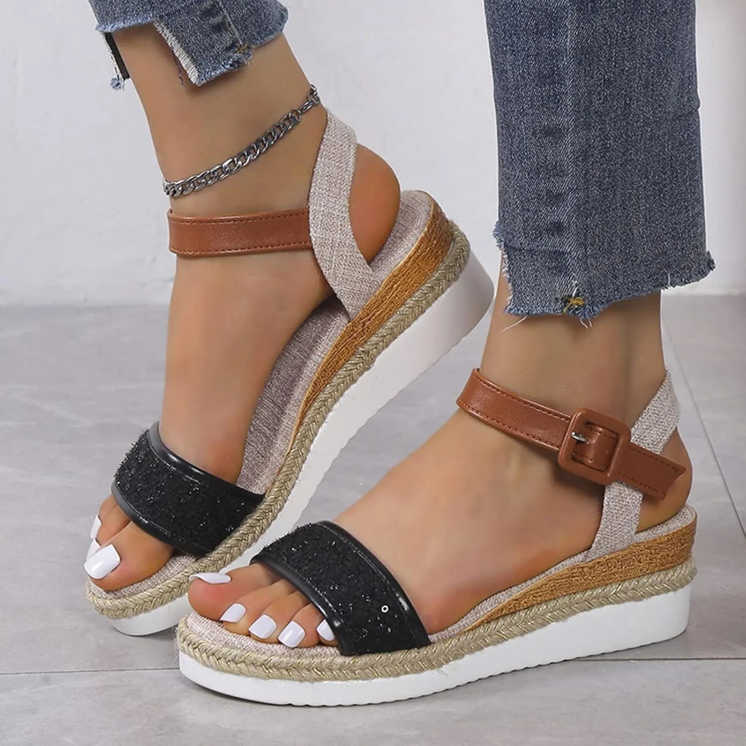 Espadrille Platform Sandals for Women Ankle Strap Arch Support Open Toe Orthopedic Wedge Sandals Slip on Shoes