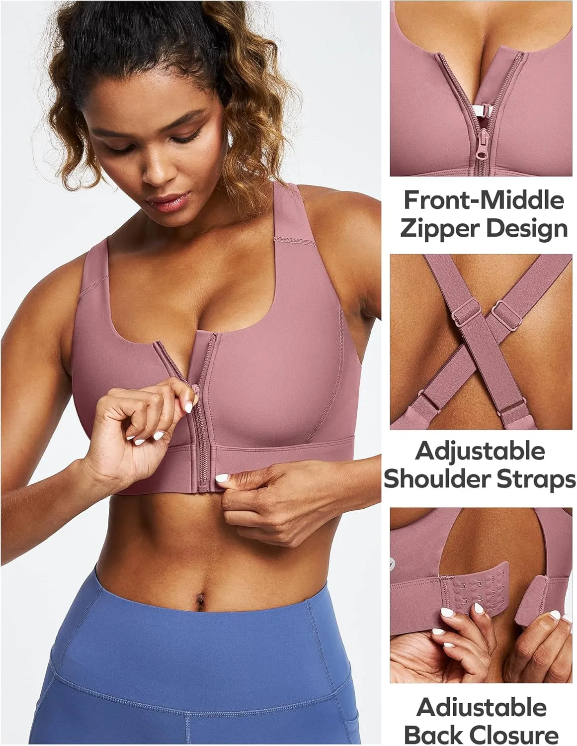 Ewedoos High Impact Sports Bras for Women High Support Zip Front Large Bust Workout Sports Bras with Adjustable Straps