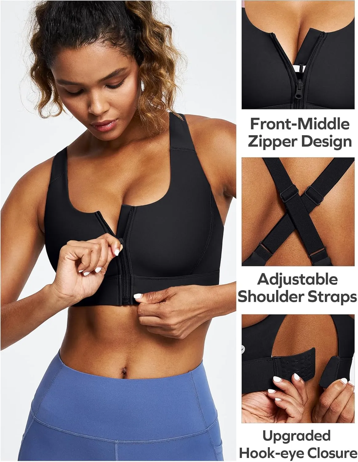 Ewedoos High Impact Sports Bras for Women High Support Zip Front Large Bust Workout Sports Bras with Adjustable Straps