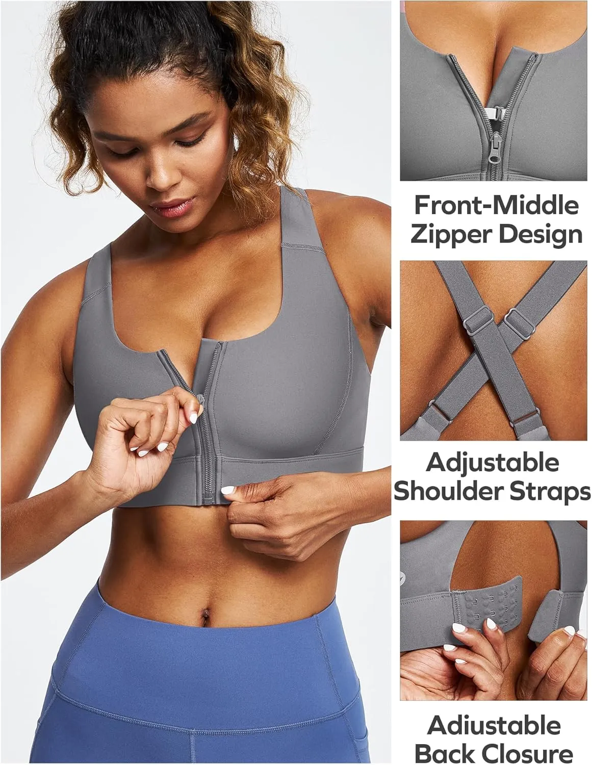 Ewedoos High Impact Sports Bras for Women High Support Zip Front Large Bust Workout Sports Bras with Adjustable Straps