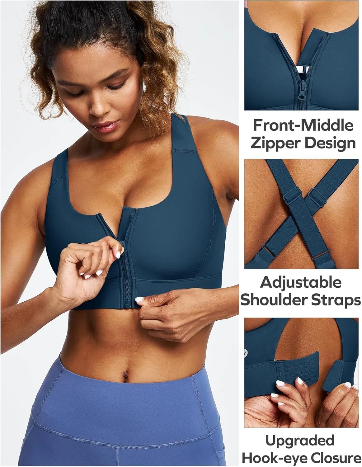 Ewedoos High Impact Sports Bras for Women High Support Zip Front Large Bust Workout Sports Bras with Adjustable Straps