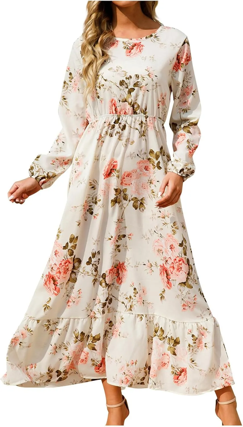 Fall Dresses for Women 2024 Trendy Floral Dress Casual Crewneck Long Sleeve High Waisted Ruffle Flowy Long Maxi Dress