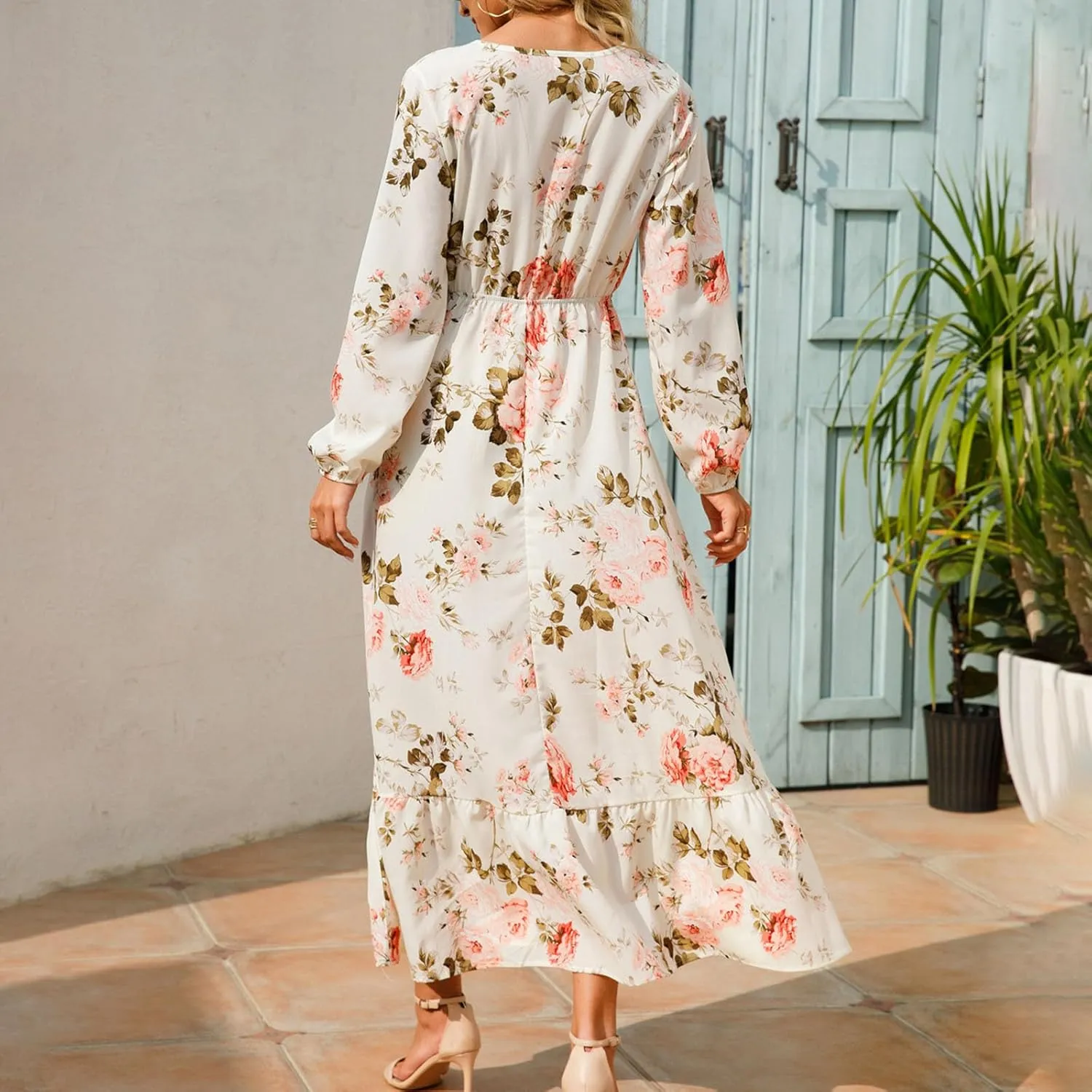 Fall Dresses for Women 2024 Trendy Floral Dress Casual Crewneck Long Sleeve High Waisted Ruffle Flowy Long Maxi Dress